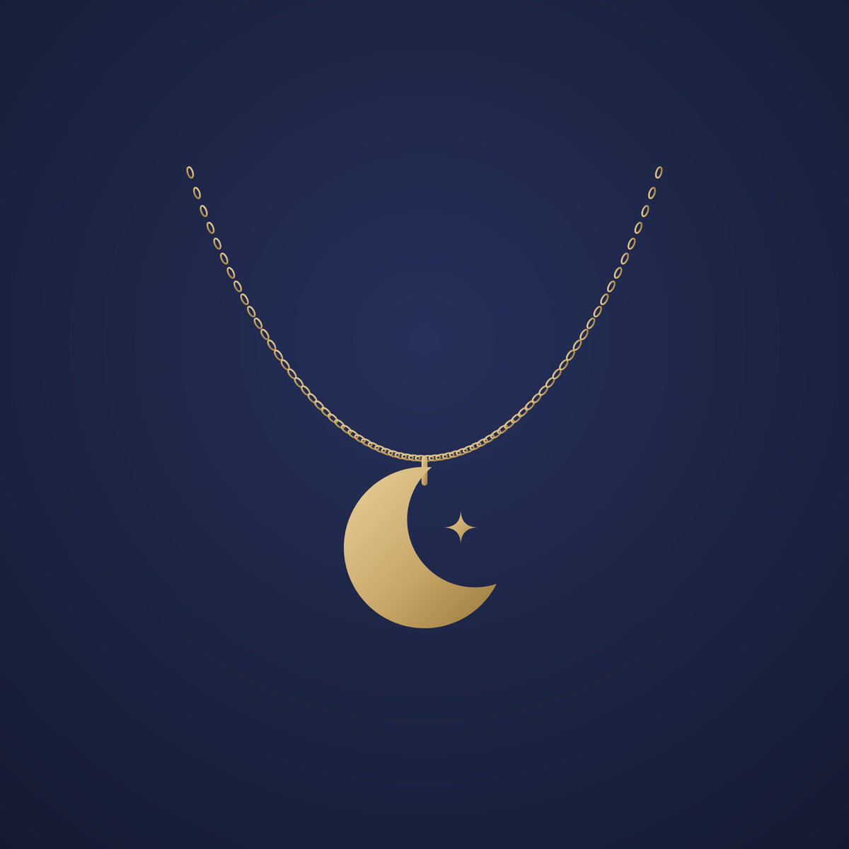 Crescent moon necklace on a night-sky background